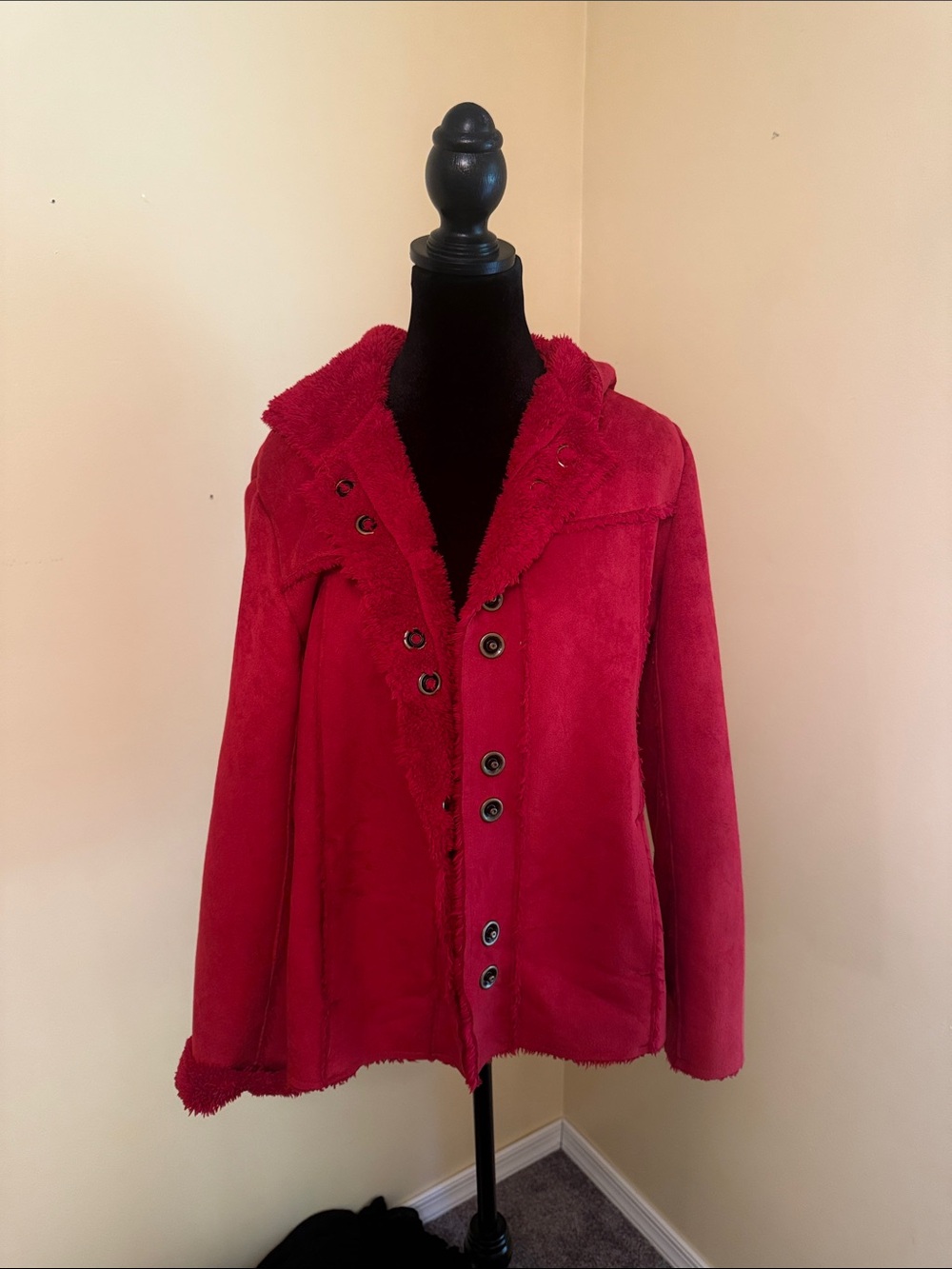 Women's Red Teddy Faux-Shearling Jacket with Hood
